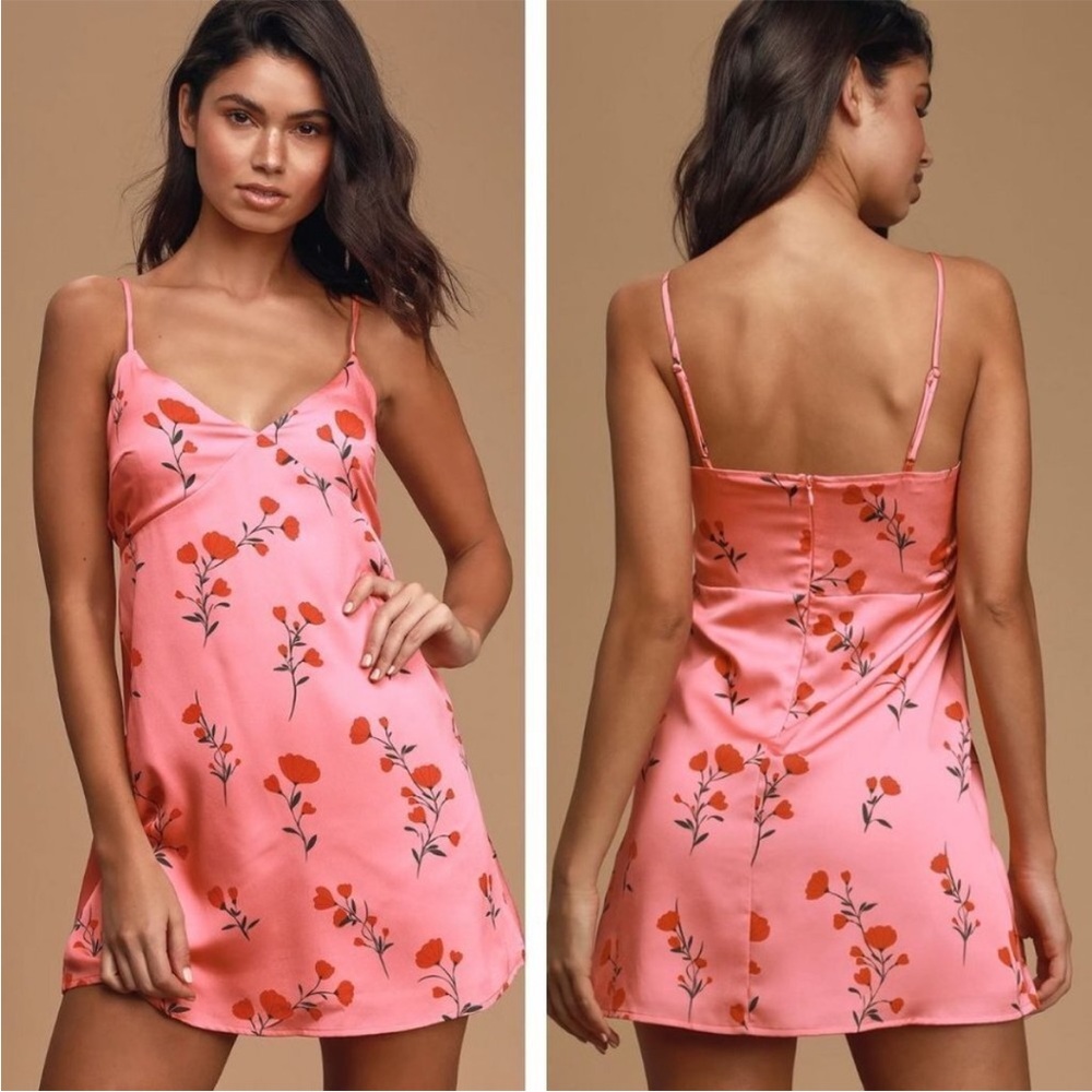 Lulus Playful Little Love Floral Satin Slip Dress